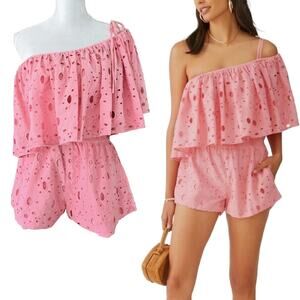 La Fuori x Anthropologie One-Shoulder Romper Medium Coral Pink Eyelet Short